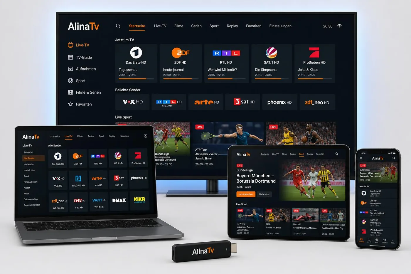 AlinaTv funktioniert auf Smartphone, Laptop, Tablet und Smart-TV
